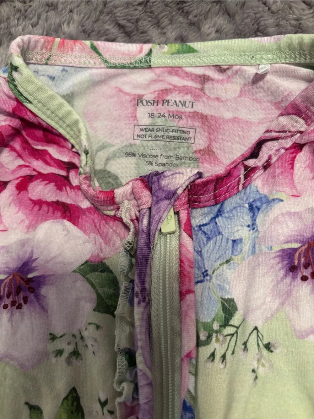 EUC. Posh Peanut Pink & Green Floral Zip Footed One-Piece. 18-24 Months.
